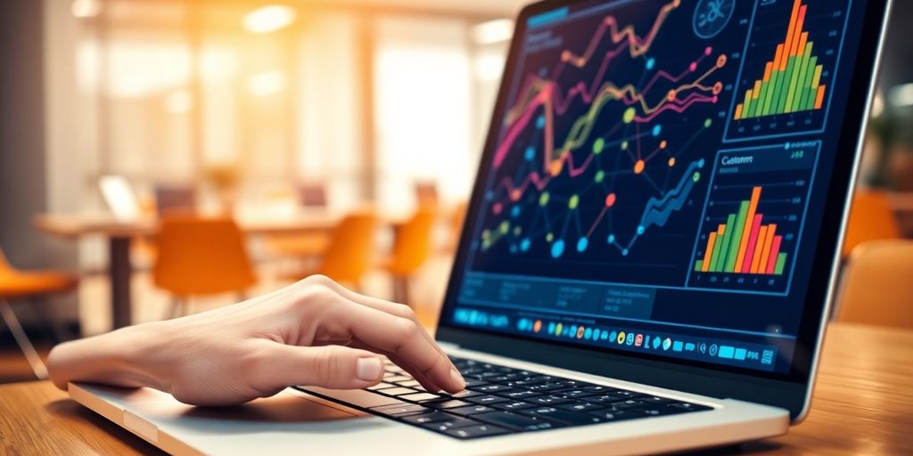 Laptop with customer data flow, insights.