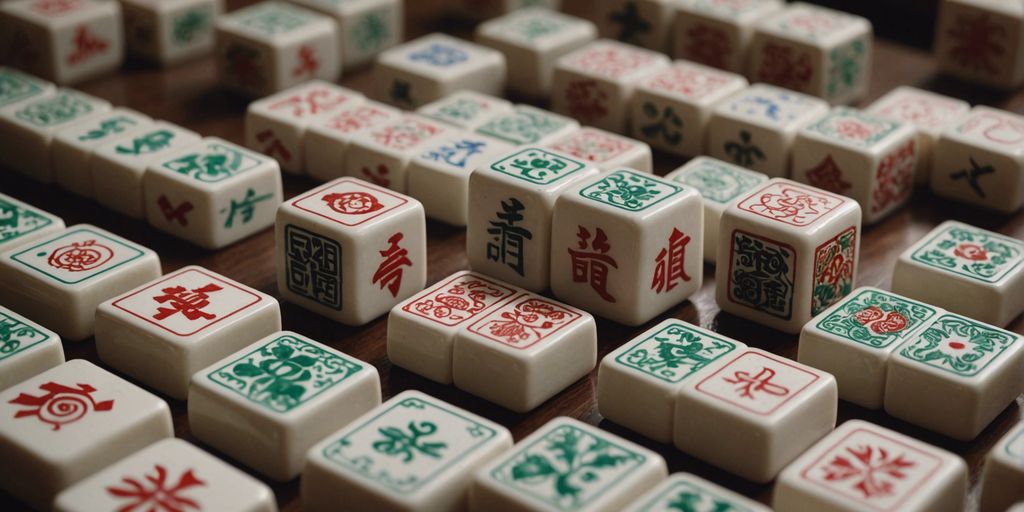 Close-up of Mahjong tiles displaying intricate symbols and traditional Chinese designs.