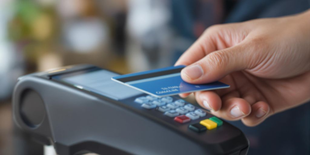 Close-up of a payment terminal with a credit card.