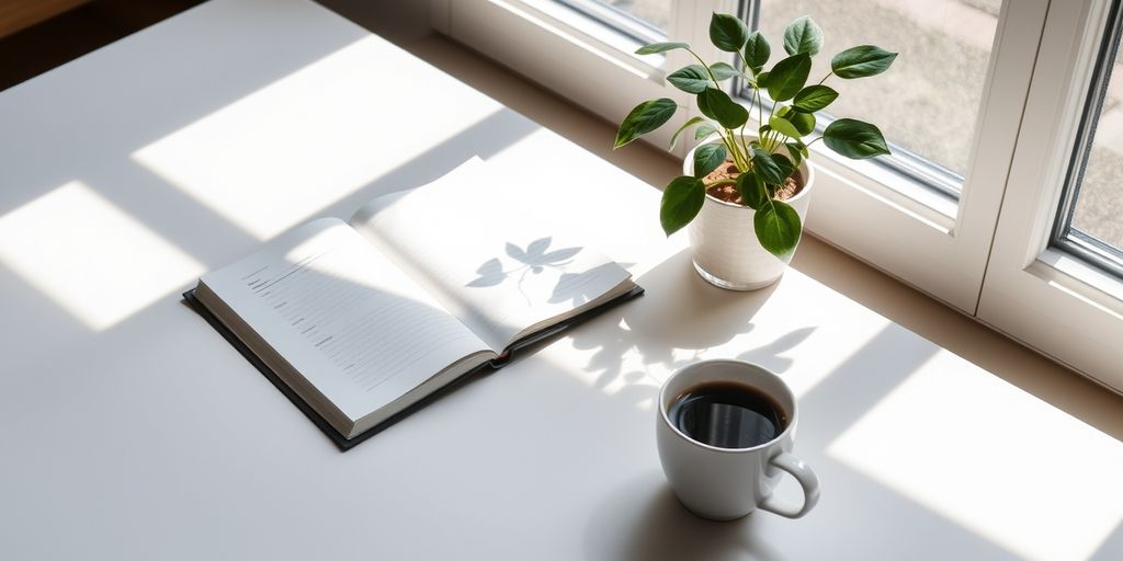 Minimalist workspace with plant and coffee