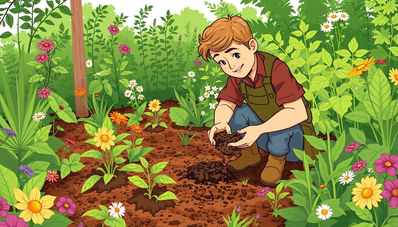 Gardener examining soil in a lush garden