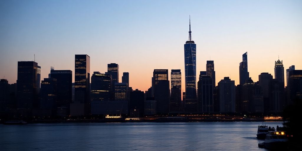 New York City skyline at dusk with river reflections.