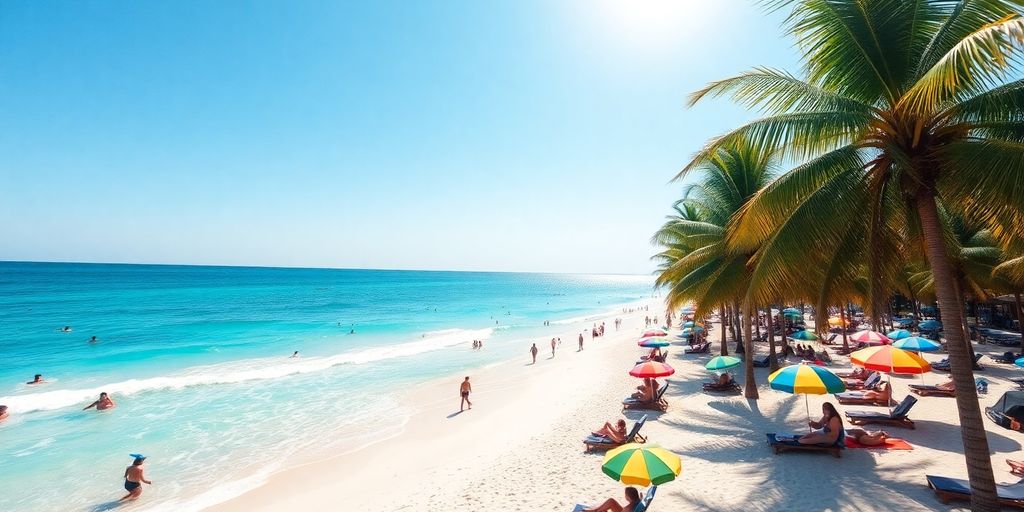 Strand mit Palmen und Sonnenbaden im März.
