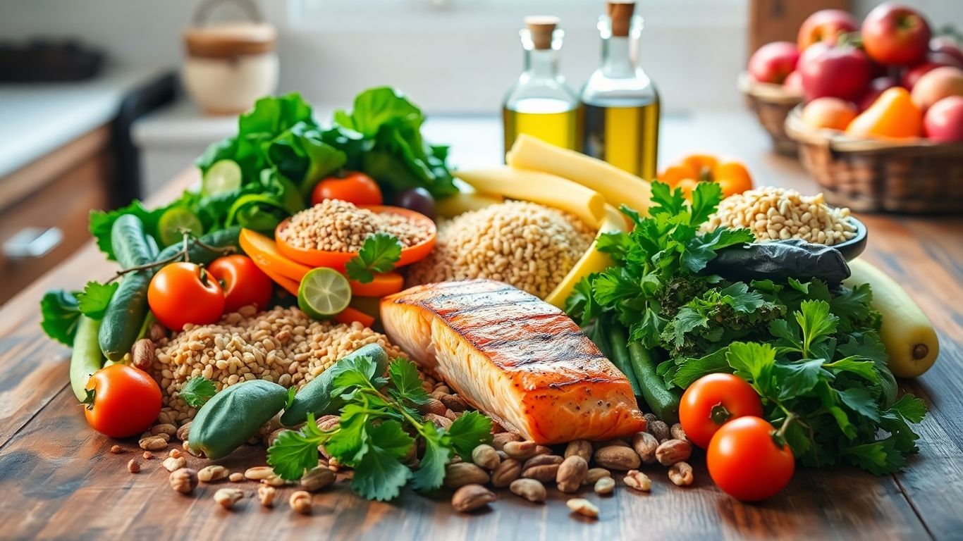 Fresh heart-healthy foods on a rustic kitchen table