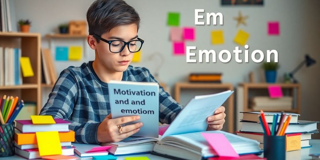Student studying motivation and emotion with colorful sticky notes.