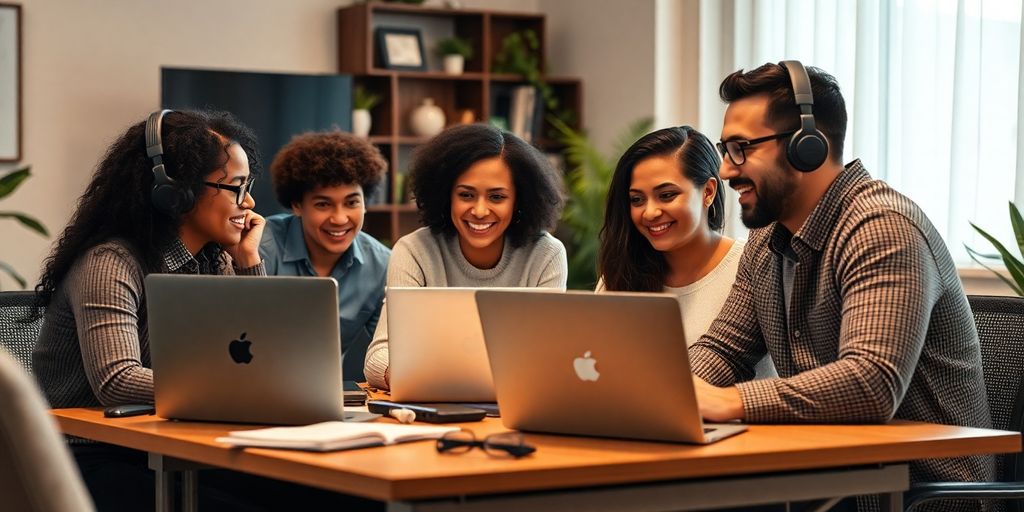 Diverse remote IT professionals collaborating in a modern workspace.
