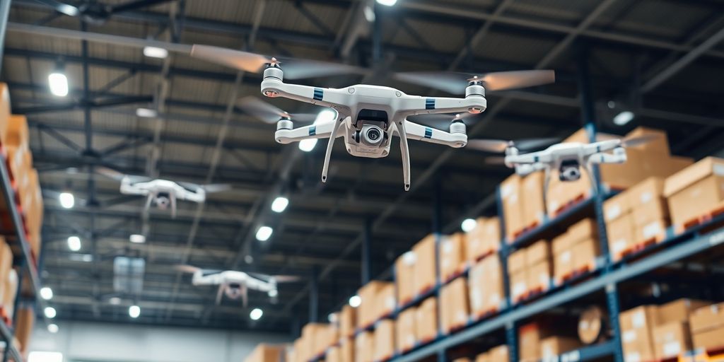 Des drones survolant un entrepôt moderne.