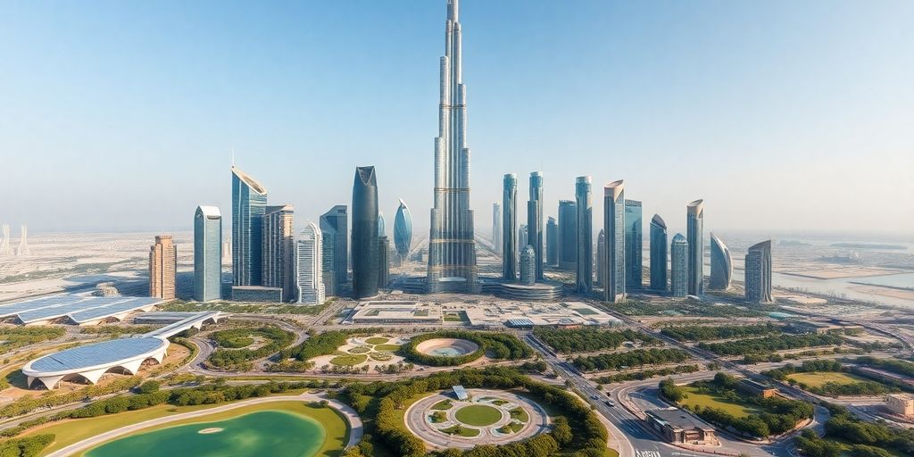 Aerial view of Dubai's futuristic skyline and green spaces.