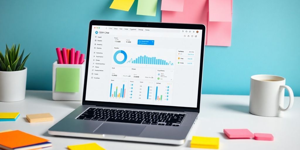 A bright workspace with a laptop and colorful notes.