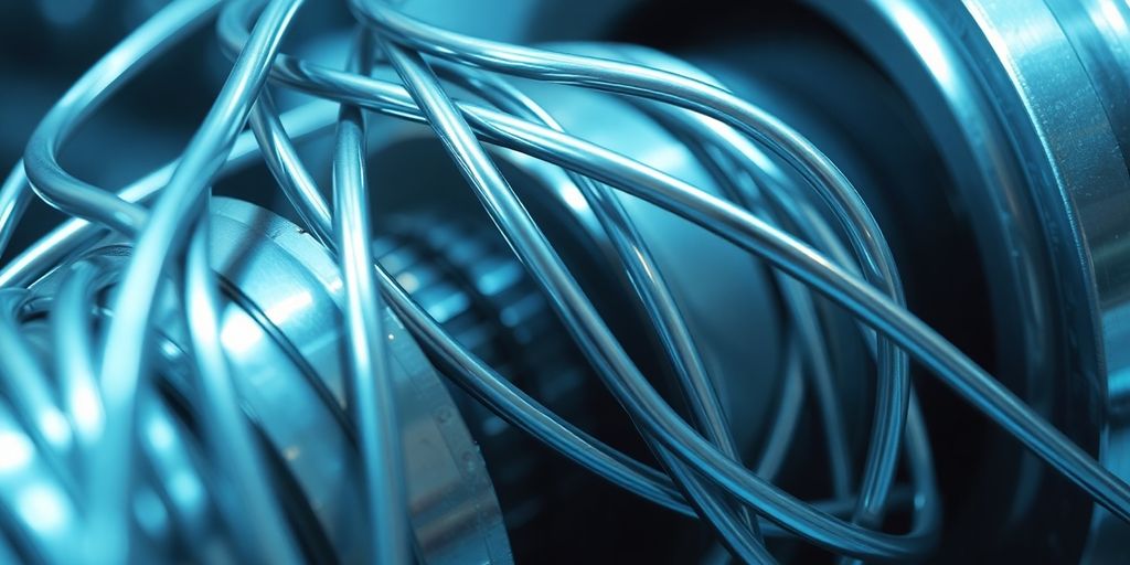 Shining silver wires and industrial components.