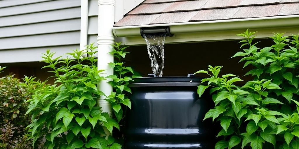 Rooftop rainwater collection system with a full barrel.