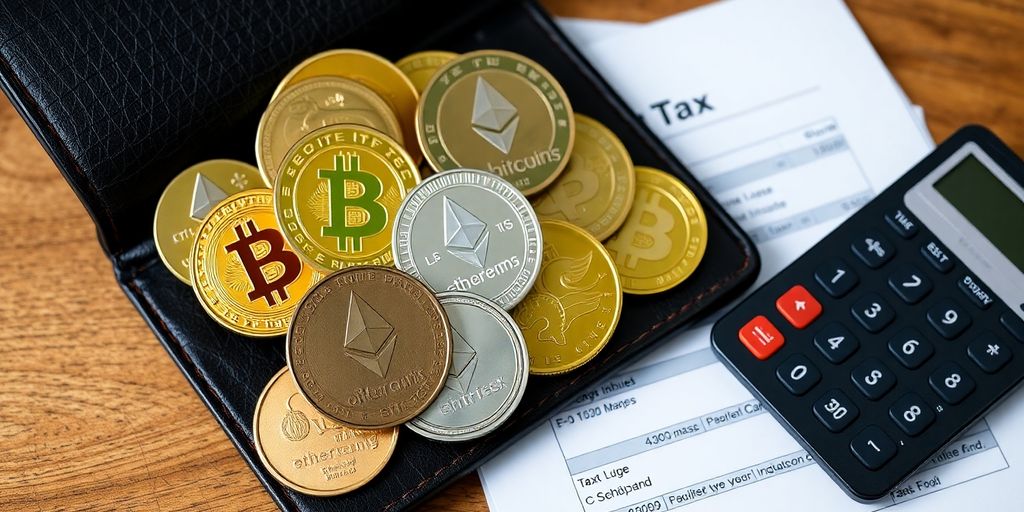 Wallet with cryptocurrency coins and tax documents.
