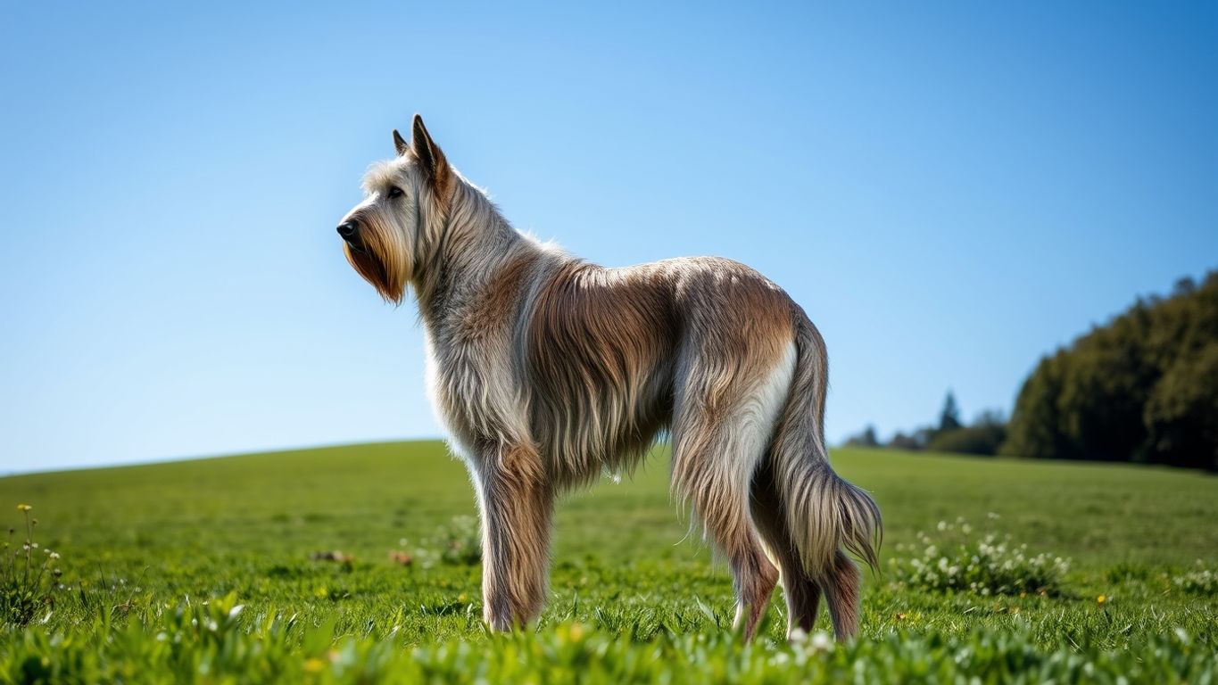 Irish Wolfhound in a green field with blue sky.