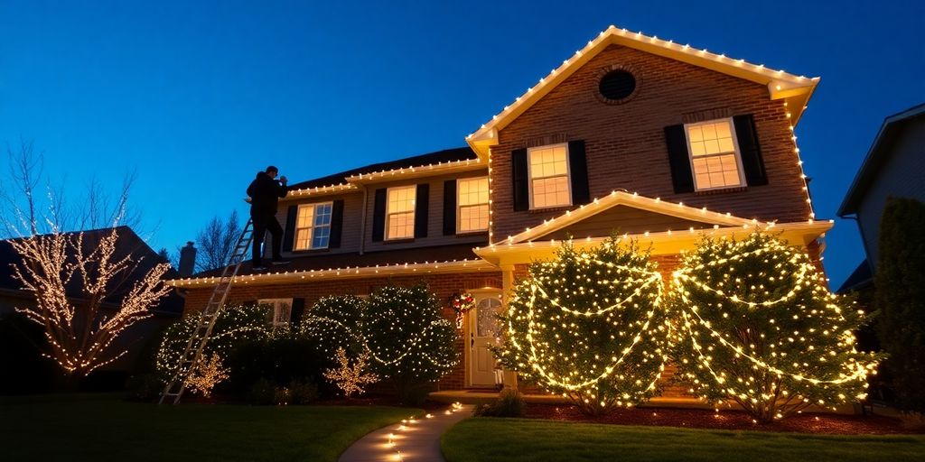 Professionals installing Christmas lights on a house.