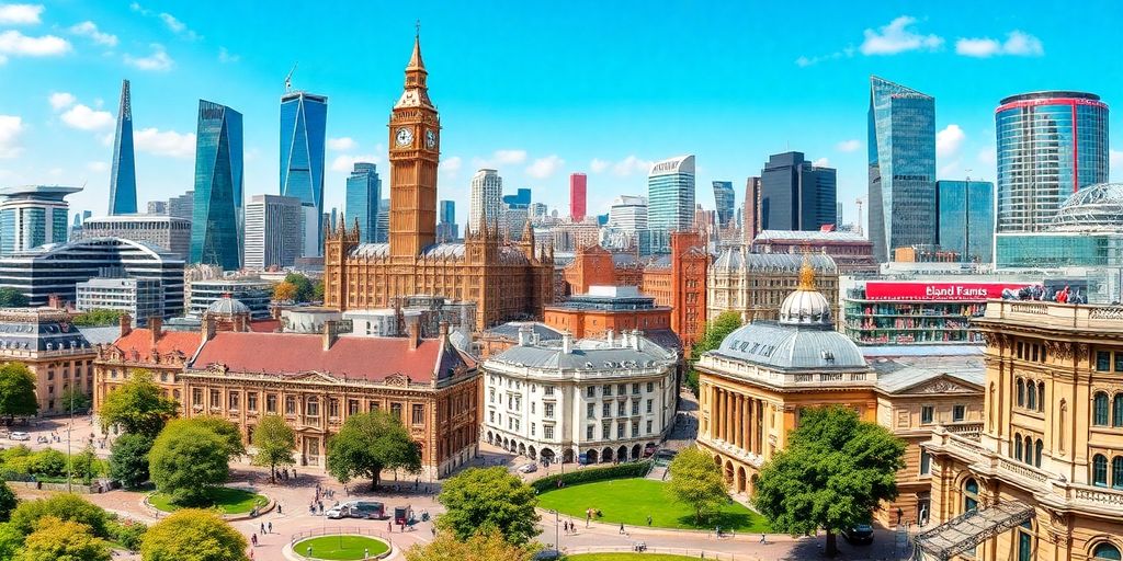 UK city skylines, landmarks, parks, bridges.