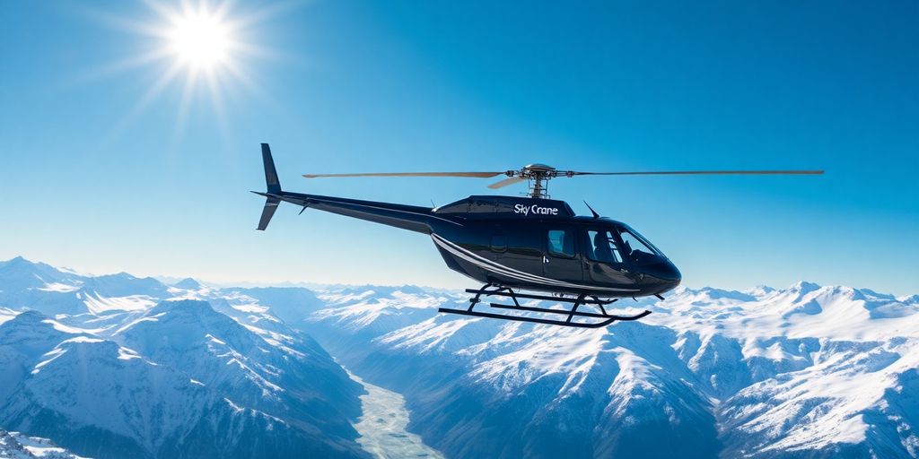 A large helicopter flies over snow-covered Alaskan mountains.
