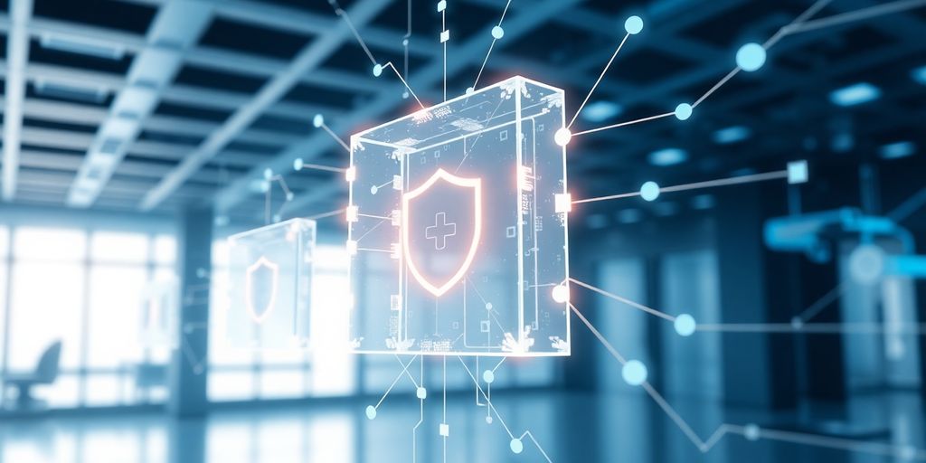 Digital blockchain blocks protecting medical data in a healthcare setting.