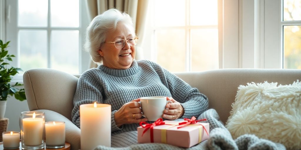 Grandma relaxing with gifts in a cozy setting.