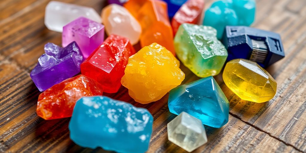 Varie pietre colorate su una superficie di legno.