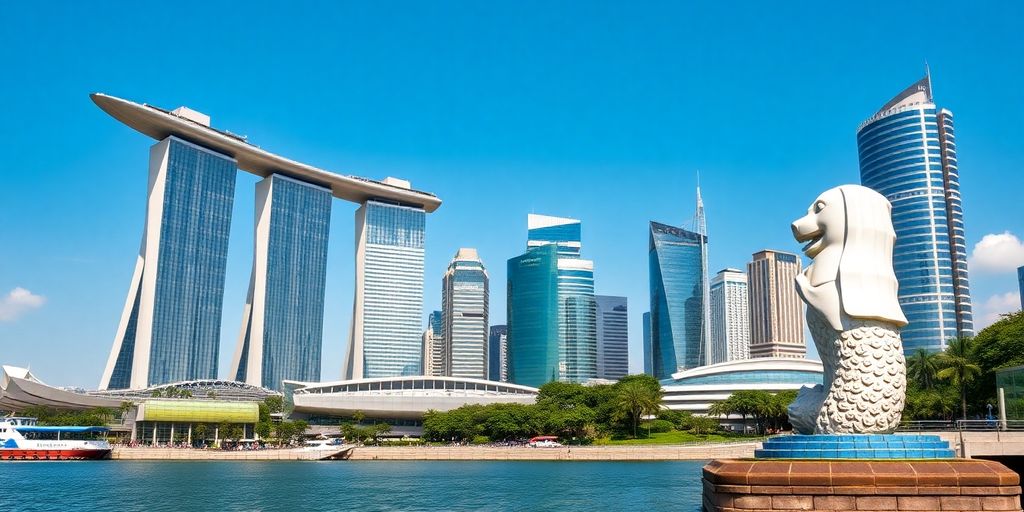 Singapore skyline with Marina Bay Sands and Merlion.