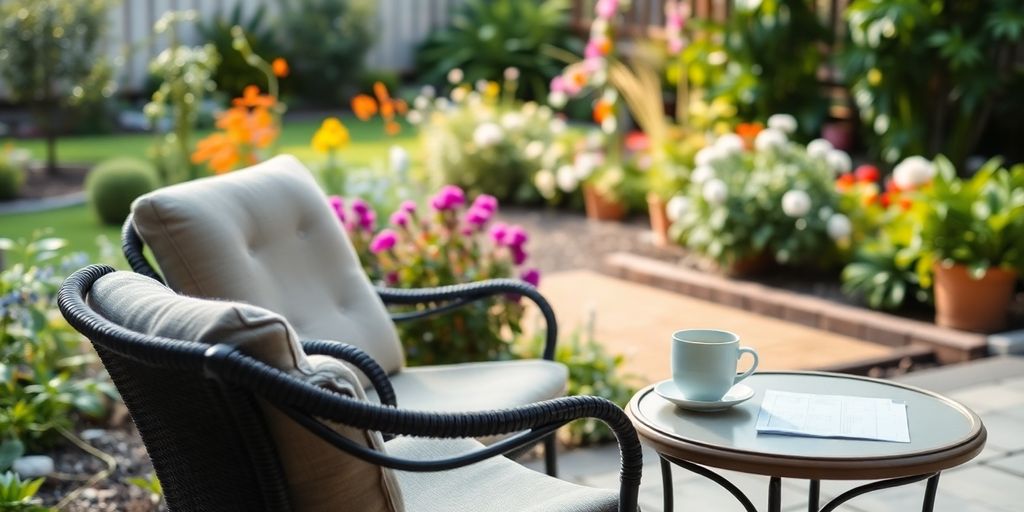 Peaceful garden scene for retirement portfolio planning.