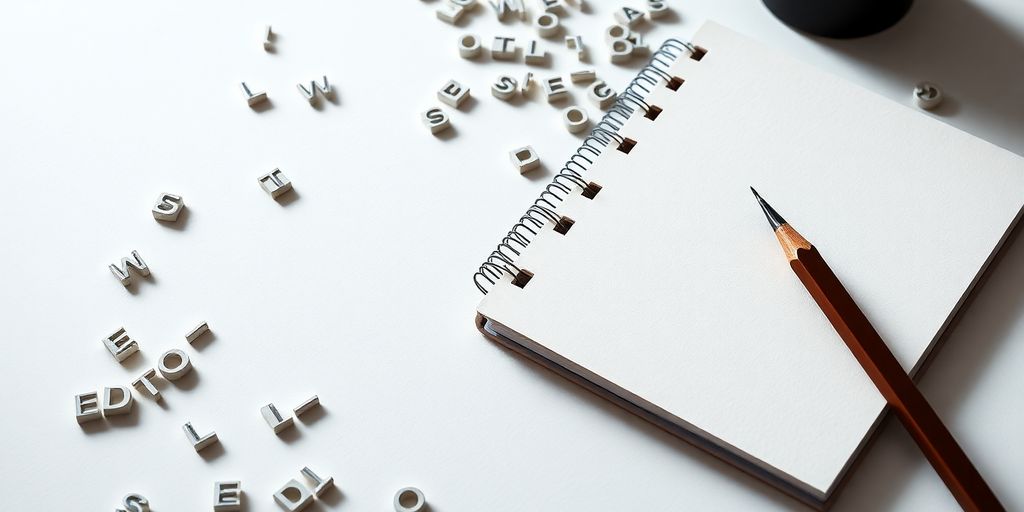 Notepad and pencil with keywords on a table.