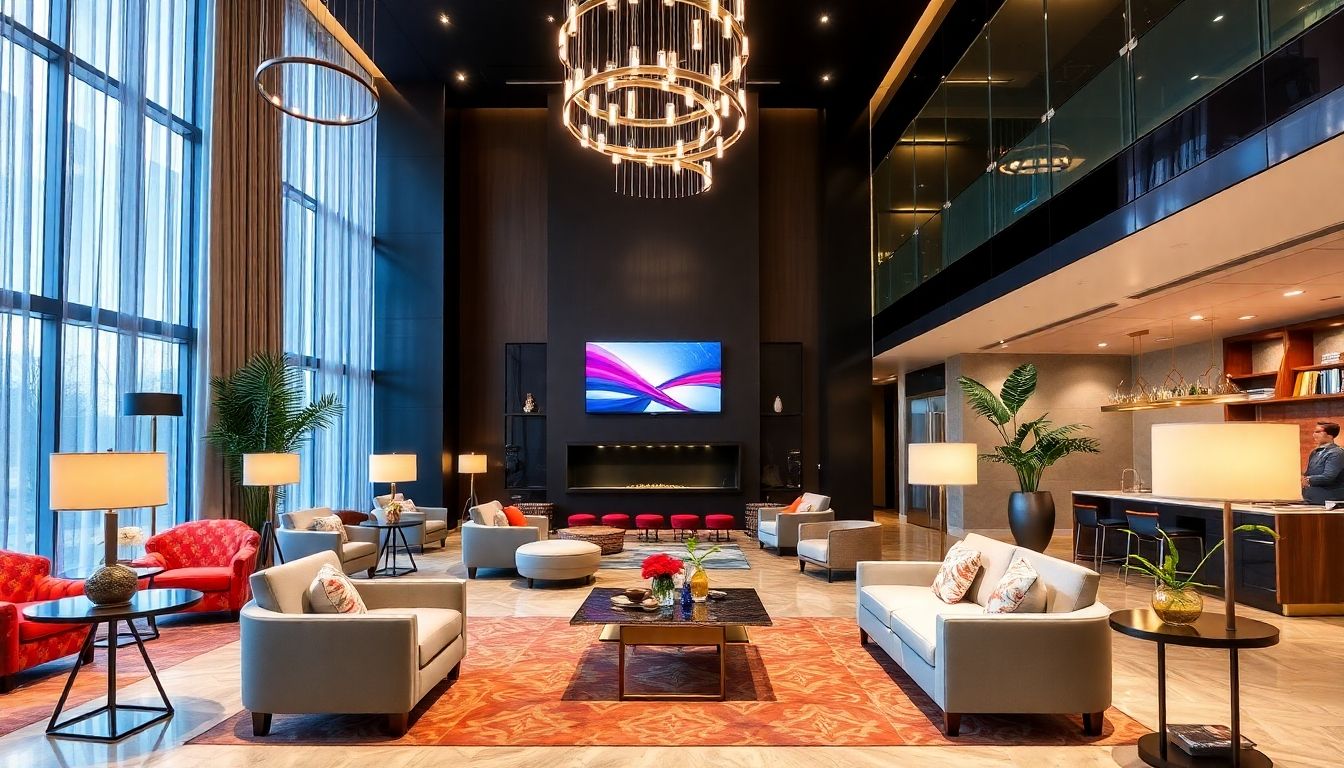 Modern hotel lobby with elegant furniture and stylish lighting.