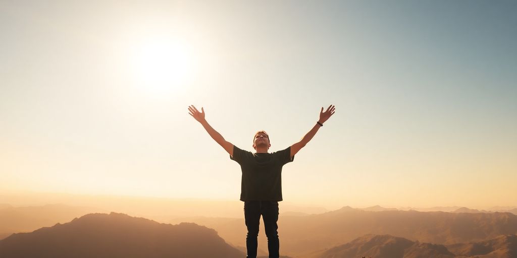 Person reaching for sunlight, looking confident.