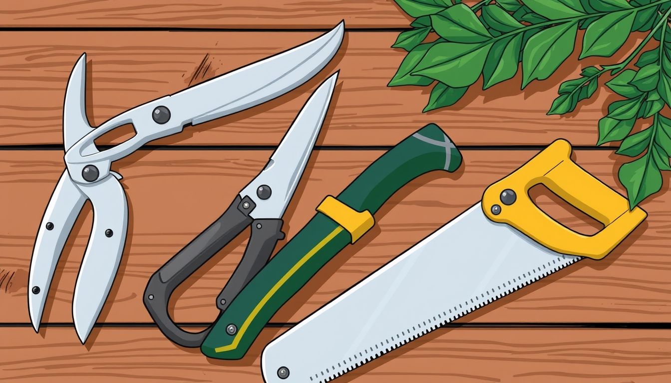 Various pruning tools on a wooden table.