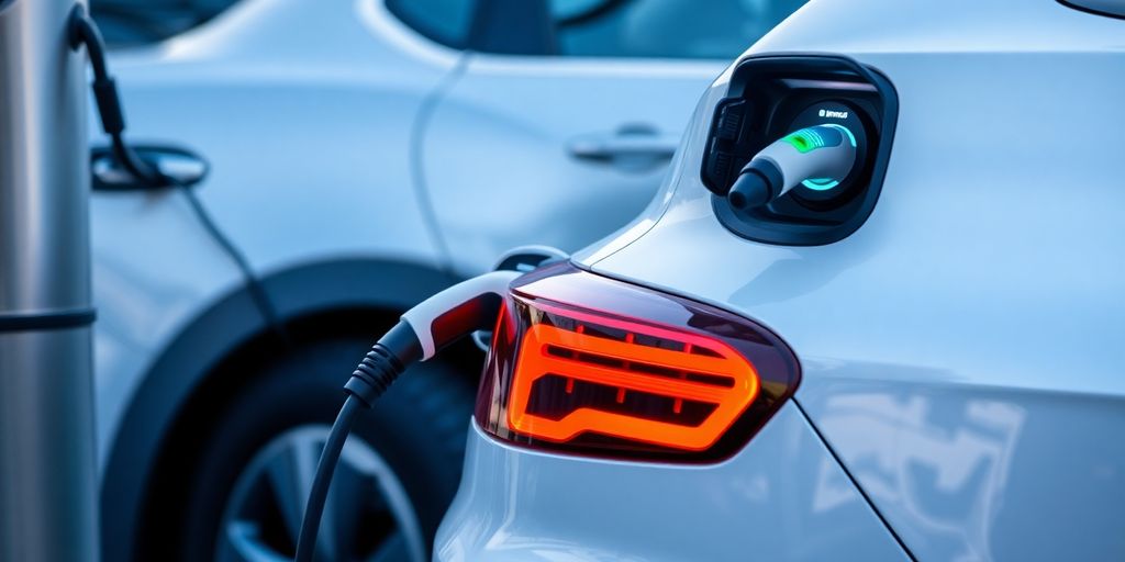 Electric car charging next to a gasoline car.