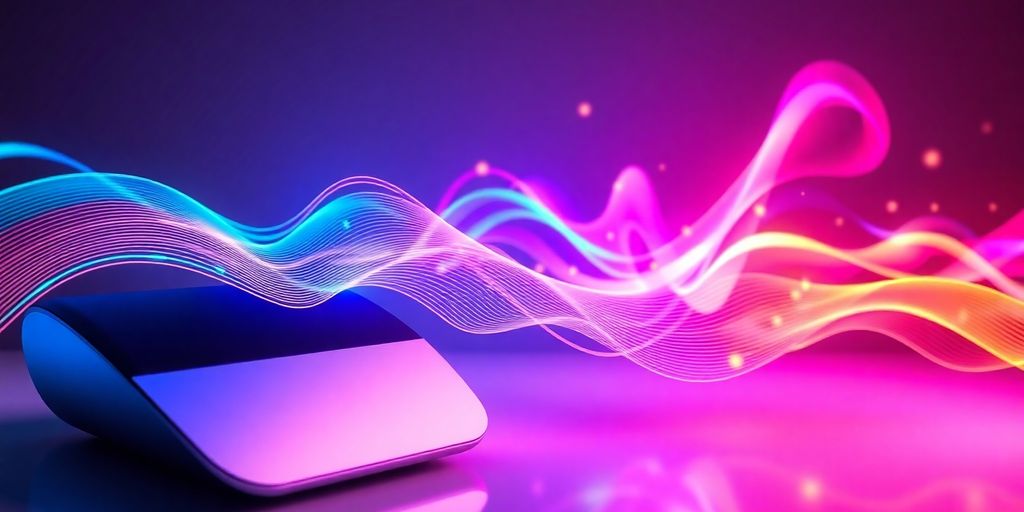 Pandora music streaming interface with abstract sound waves.
