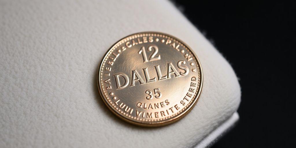 Close-up view of a pristine Dallas coin.