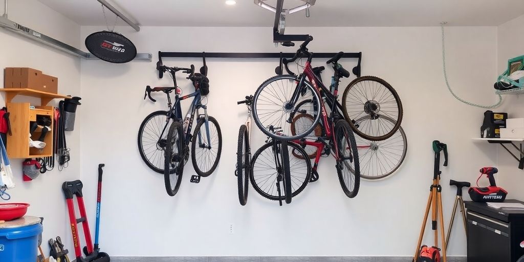 Swivel mount bike storage rack in a garage setting.