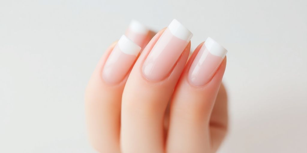 Unhas bailarina com francesinha elegante em fundo neutro.