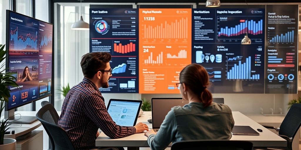 Profissionais de marketing digital colaborando no escritório