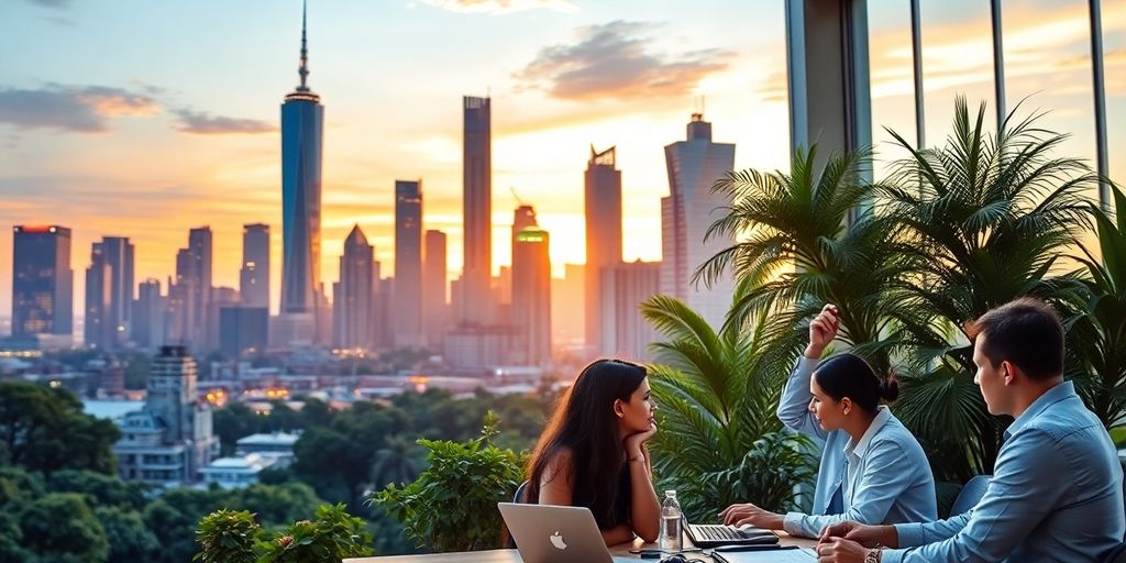 City skyline at dusk with entrepreneurs collaborating.