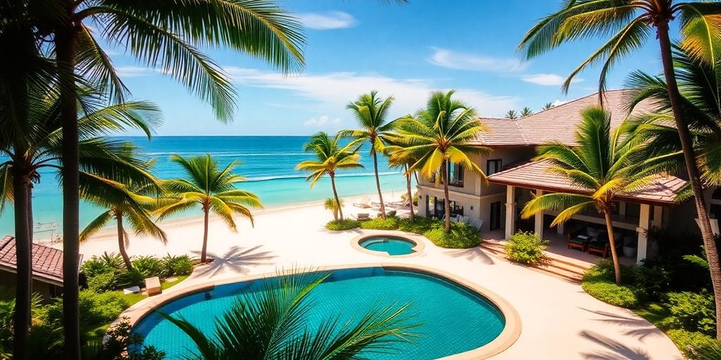 Beachfront home with palm trees and ocean.