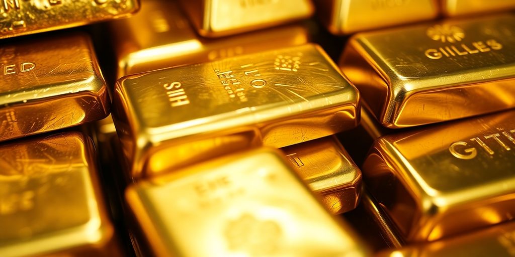 Des lingots d'or empilés sur une surface brillante.