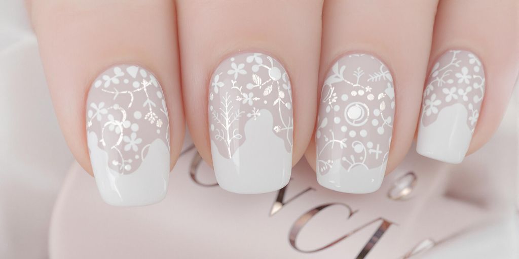 Unhas cinza claro com designs esotéricos delicados.