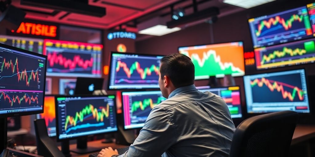 Trader at desk with multiple monitors in action.