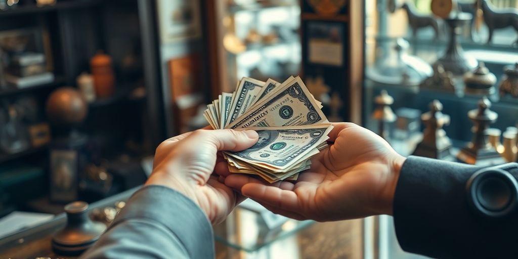 Mains recevant de l'argent d'un comptoir de prêt sur gage.