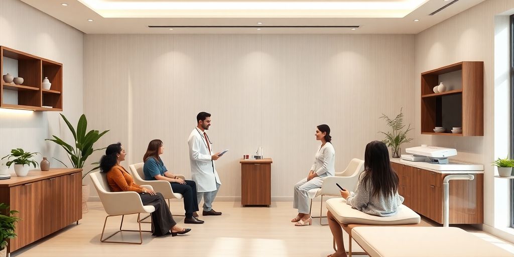 Interior de clínica de bem-estar moderna e convidativa.