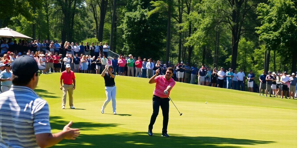 Professional golfers competing on a sunny golf course.