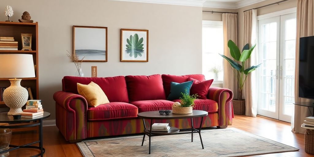 Cozy living room with plush chenille fabric sofa.