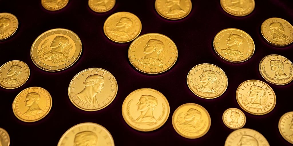 Collection de pièces en or Napoléon sur fond velours.
