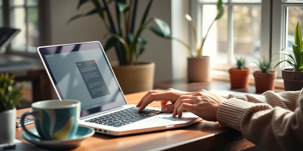 A person writing content in a cozy workspace.