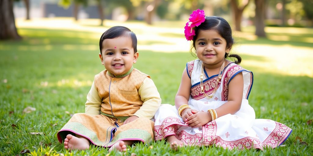 Smiling Indian baby boy and girl on lawn