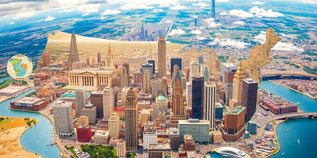 Vintage US cities map with modern urban skylines.