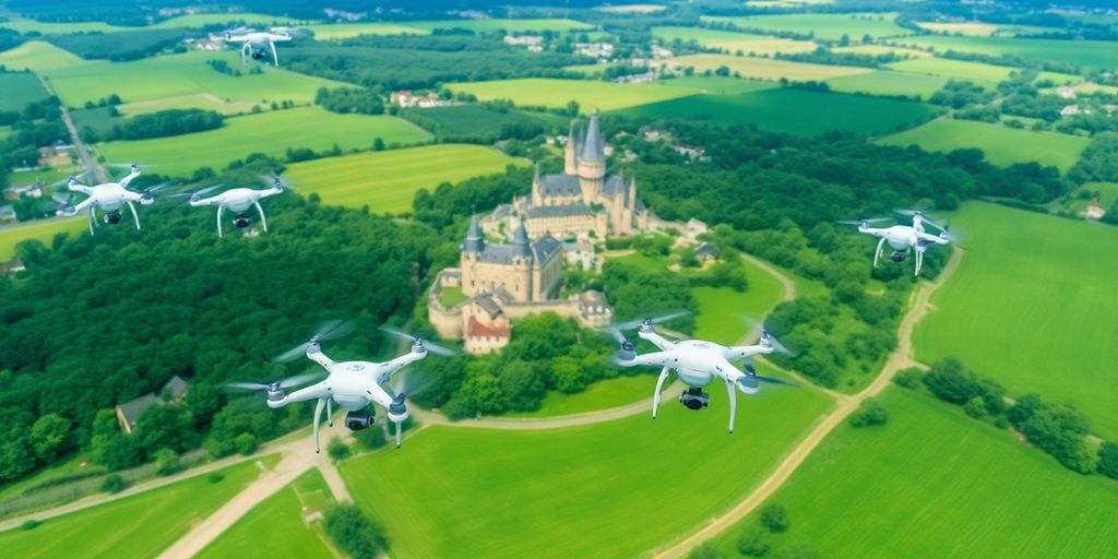 Vue aérienne d'Orléans avec des drones en vol.