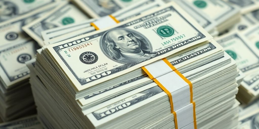 Stack of hundred dollar bills with a single ten dollar bill.